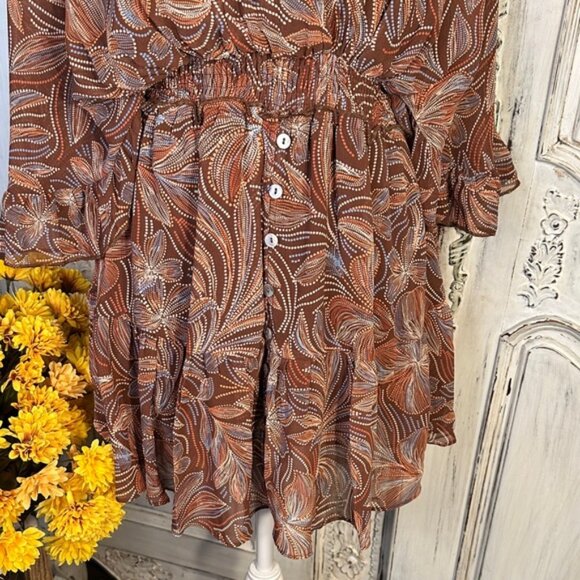 Olivaceous Bohemian Brown Floral Patterned Women's Babydoll Mini Dress/Romper - Picture 3 of 13